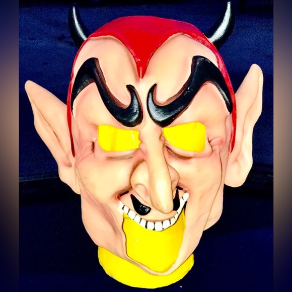 Vintage Lucifer Costume Horned Horny Devil Satan Rubber Adult Size Mask - Picture 10 of 10